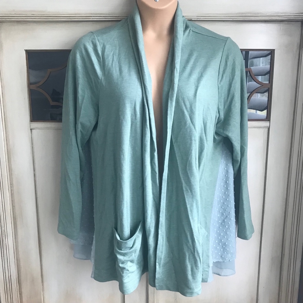 EUC LOGO Lounge Lori Goldstein Mint Green Open Front Drape Cardigan | Size 1X